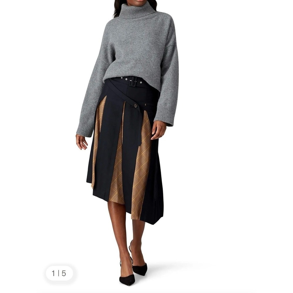 Rokh Asymmetric Plaid Inset Belted Midi Skirt Black Tan Orange US 2-4